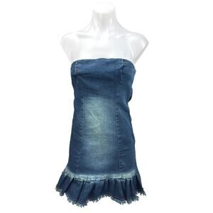 Daisy Street Blue Denim Strapless Sleeveless Ruffle Mini Bodycon Tube Dress Sz M